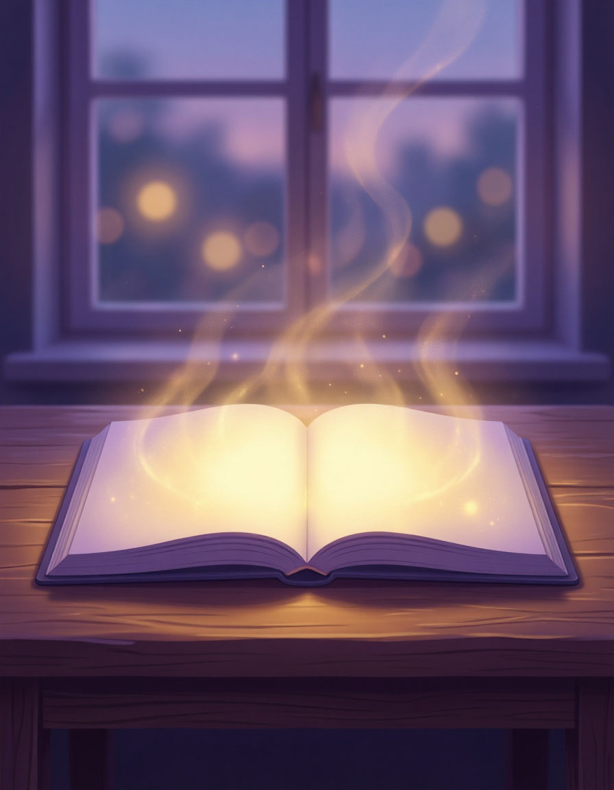 Светящаяся книга у окна на закате